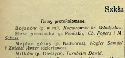Fragment spisu z 1906 roku: Szkła huty, Firmy protokołowane, wpis Miłków, poczta Oleszyce, Turnheim Dawid