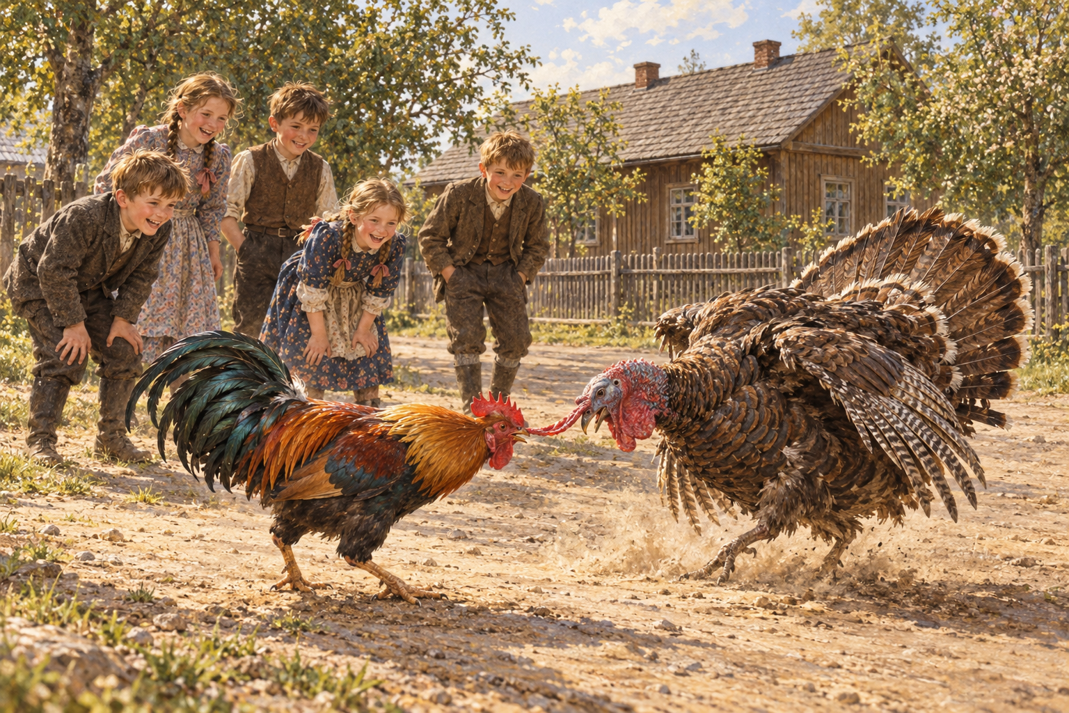 Ilustracja wspomnienia Jana Buczki: kogut chwyta indyka za zwisaj�cy czerwony wyrostek, a rozbawione dzieci przygl�daj� si� ptakom na wiejskiej drodze